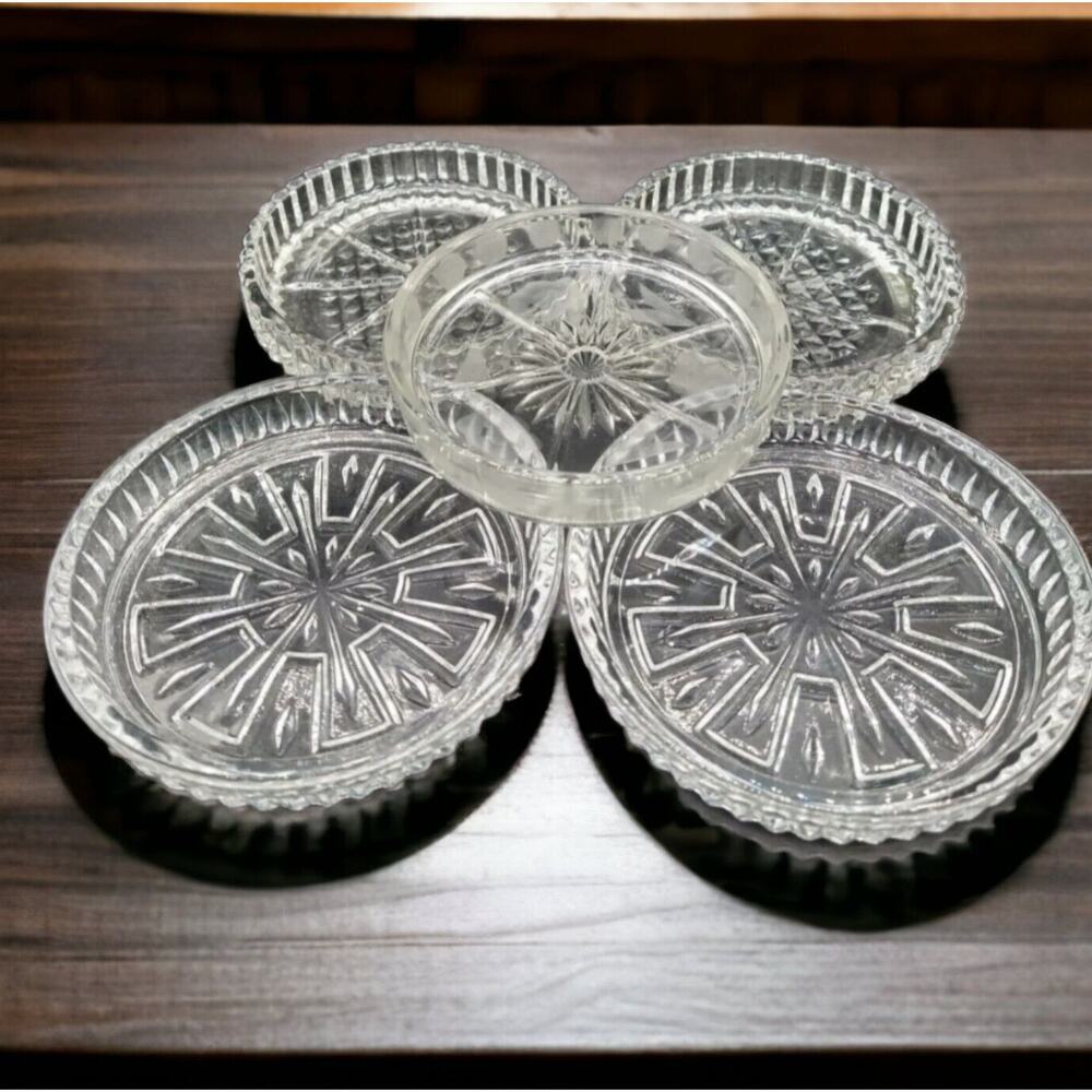Set of 5 Mixed Glass Pressed Coasters Candle Dish Wine VTG Floral Pattern USA